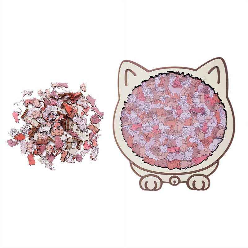 Cat Shaped Wooden Jigsaw Puzzle with Outlines Adorable Frame Jigs and Cats Colored (Maillard color) - Image 1